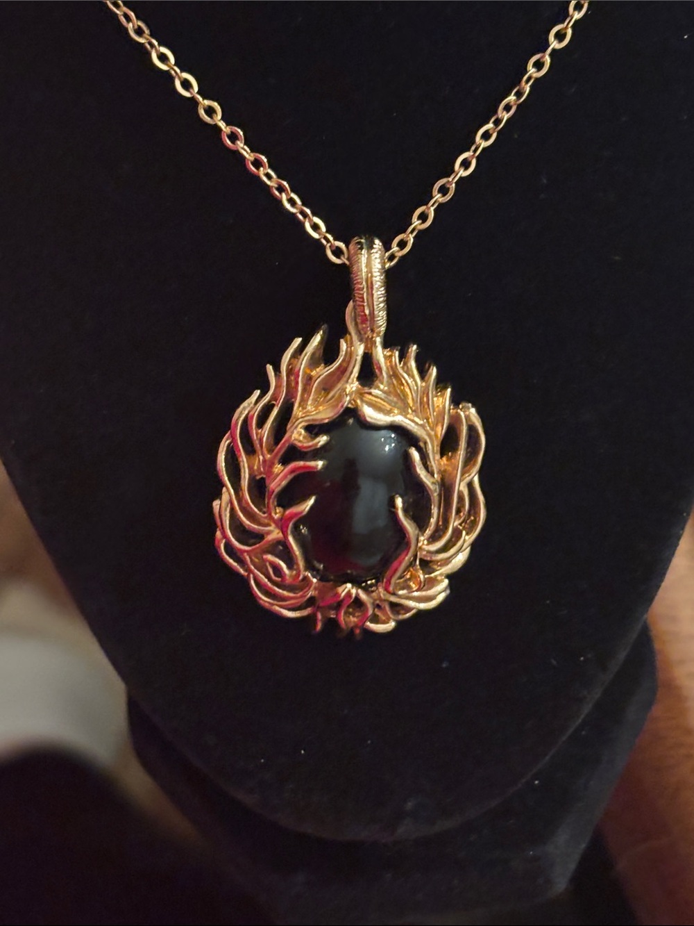 Sarah Coventry Gold-Tone Flame Pendant Necklace with Black Cabochon